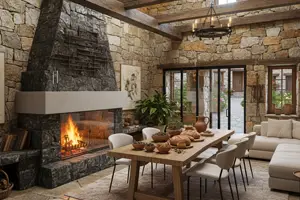 intérieur d'une maison décorée avec des pierres naturelles en quartzite