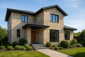 belle villa décorée à l'extérieur par des pierres naturelles ornementales en quartzite